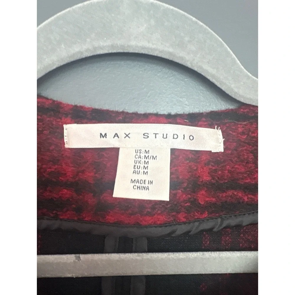 MAX STUDIO Womens‎ Red Black Plaid Collarless Open Front Coat Jacket M
